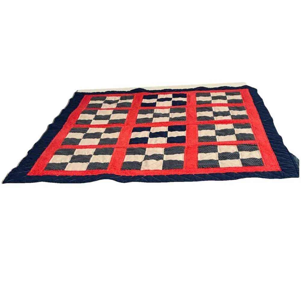 Red Blue White Patchwork Quilt Cottage Style 37 x 48 Rectangular